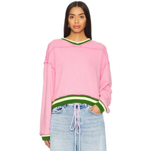 Free People Rio Oversized Sweatshirt Pink Green Varsity Trim Pullover XS